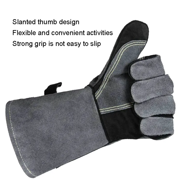 Cowhide BBQ Gloves Thickened Anti-hot Oven Welding Protection Gloves, Specification: A2415 16 inch Gray Black