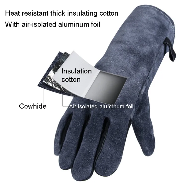 Cowhide BBQ Gloves Thickened Anti-hot Oven Welding Protection Gloves, Specification: A2415 16 inch Gray Black