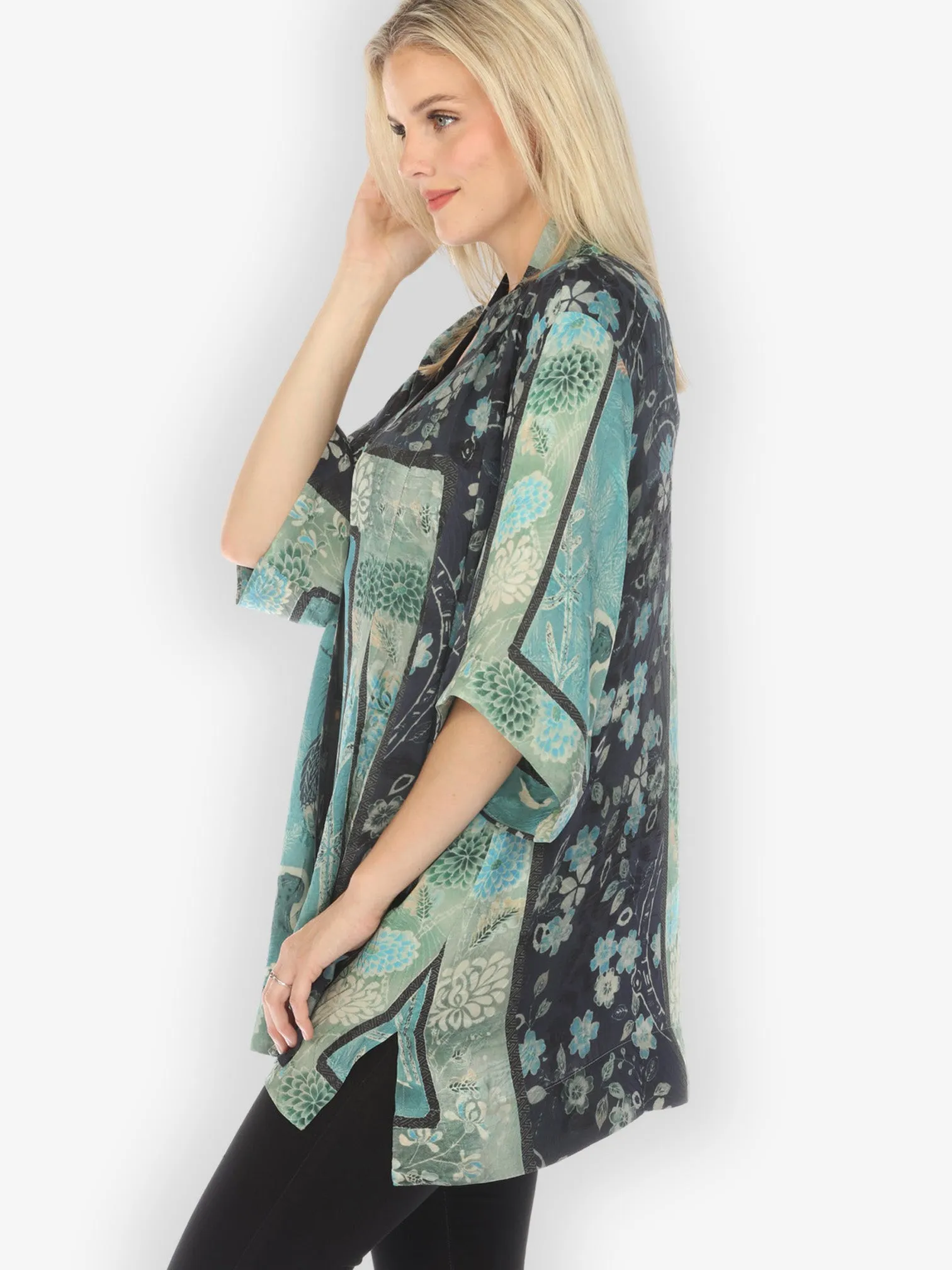 Crane Bamboo Floral Silk Kimono Jacket