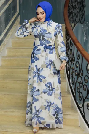 Cream & Blue Floral Chiffon Maxi Dress