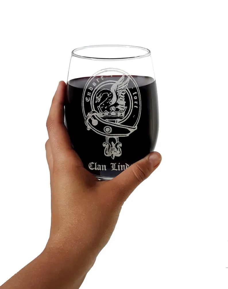 Custom Engraved Scottish Clan Crest Stemless Wine Glasses