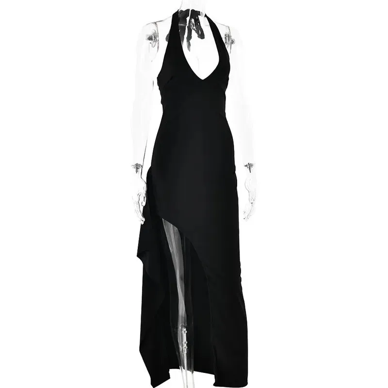 Deep V Neck Thigh High Split Maxi Dress Women Halter Sleeveless Backless