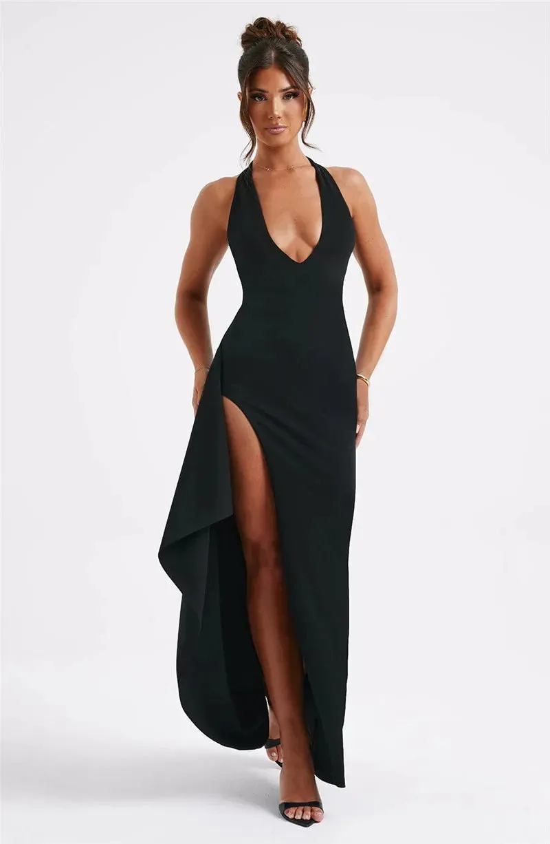 Deep V Neck Thigh High Split Maxi Dress Women Halter Sleeveless Backless