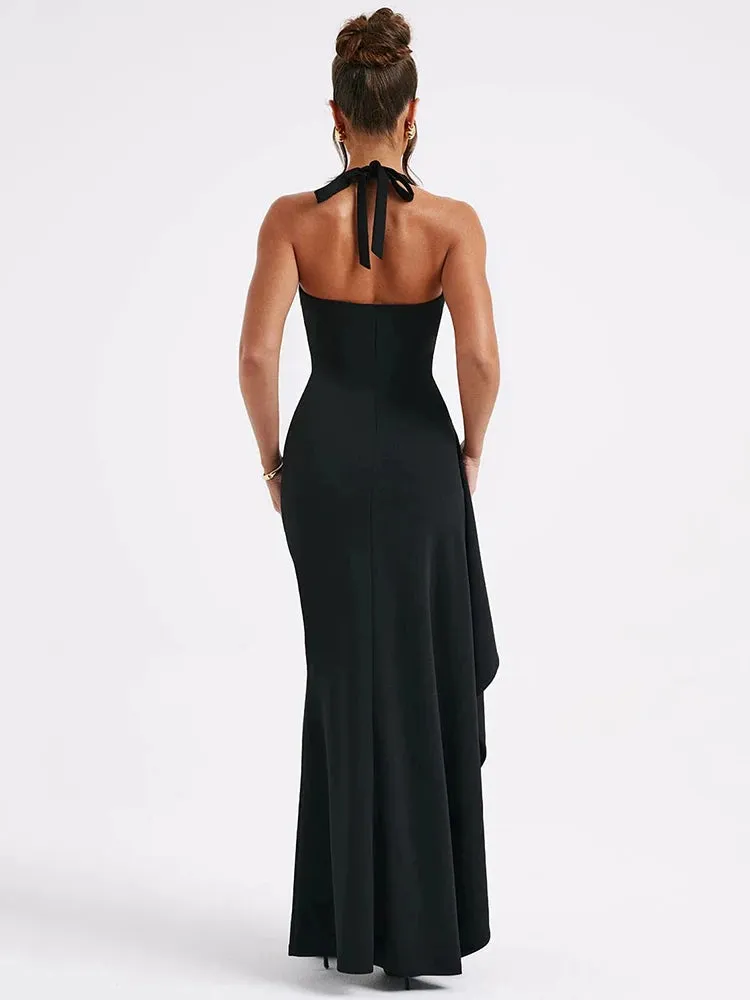 Deep V Neck Thigh High Split Maxi Dress Women Halter Sleeveless Backless