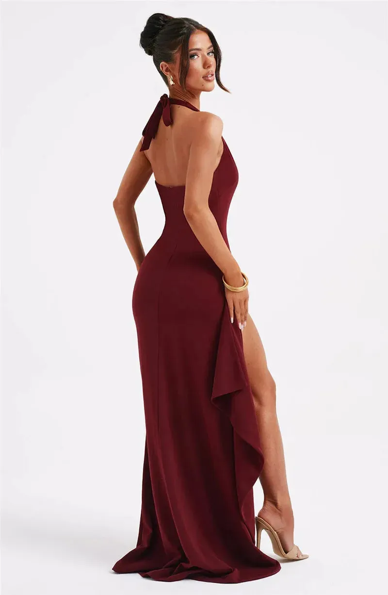 Deep V Neck Thigh High Split Maxi Dress Women Halter Sleeveless Backless