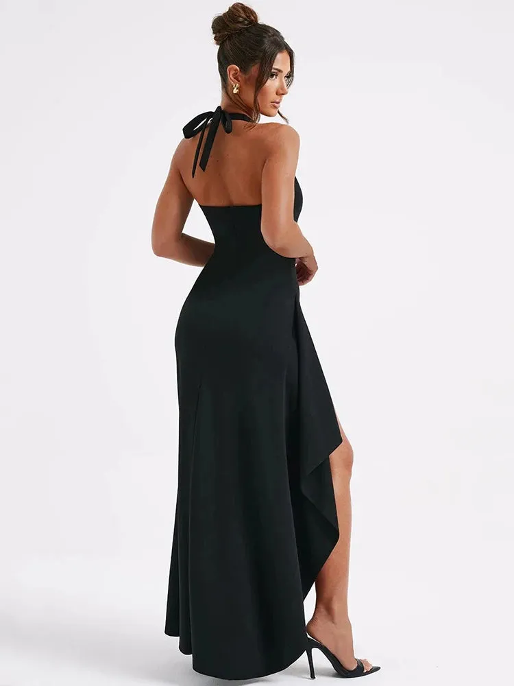 Deep V Neck Thigh High Split Maxi Dress Women Halter Sleeveless Backless