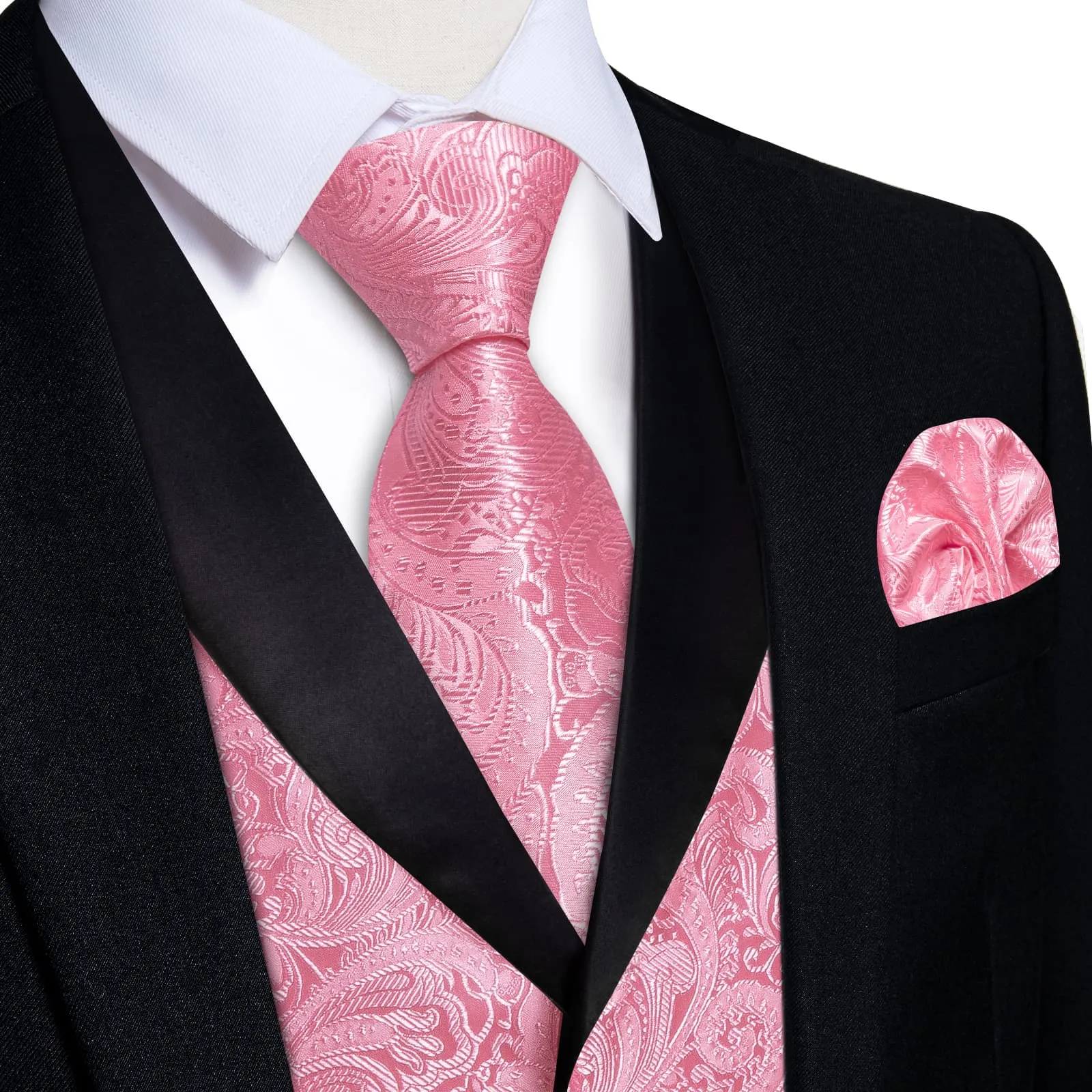 DiBanGu Rose Pink Floral Silk Shawl Collar Mens Dress Vest Tie Set