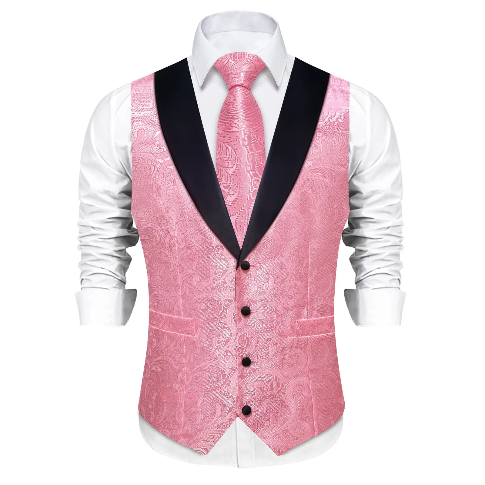 DiBanGu Rose Pink Floral Silk Shawl Collar Mens Dress Vest Tie Set