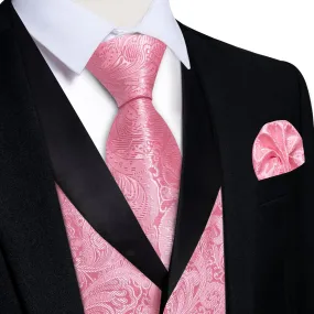 DiBanGu Rose Pink Floral Silk Shawl Collar Mens Dress Vest Tie Set