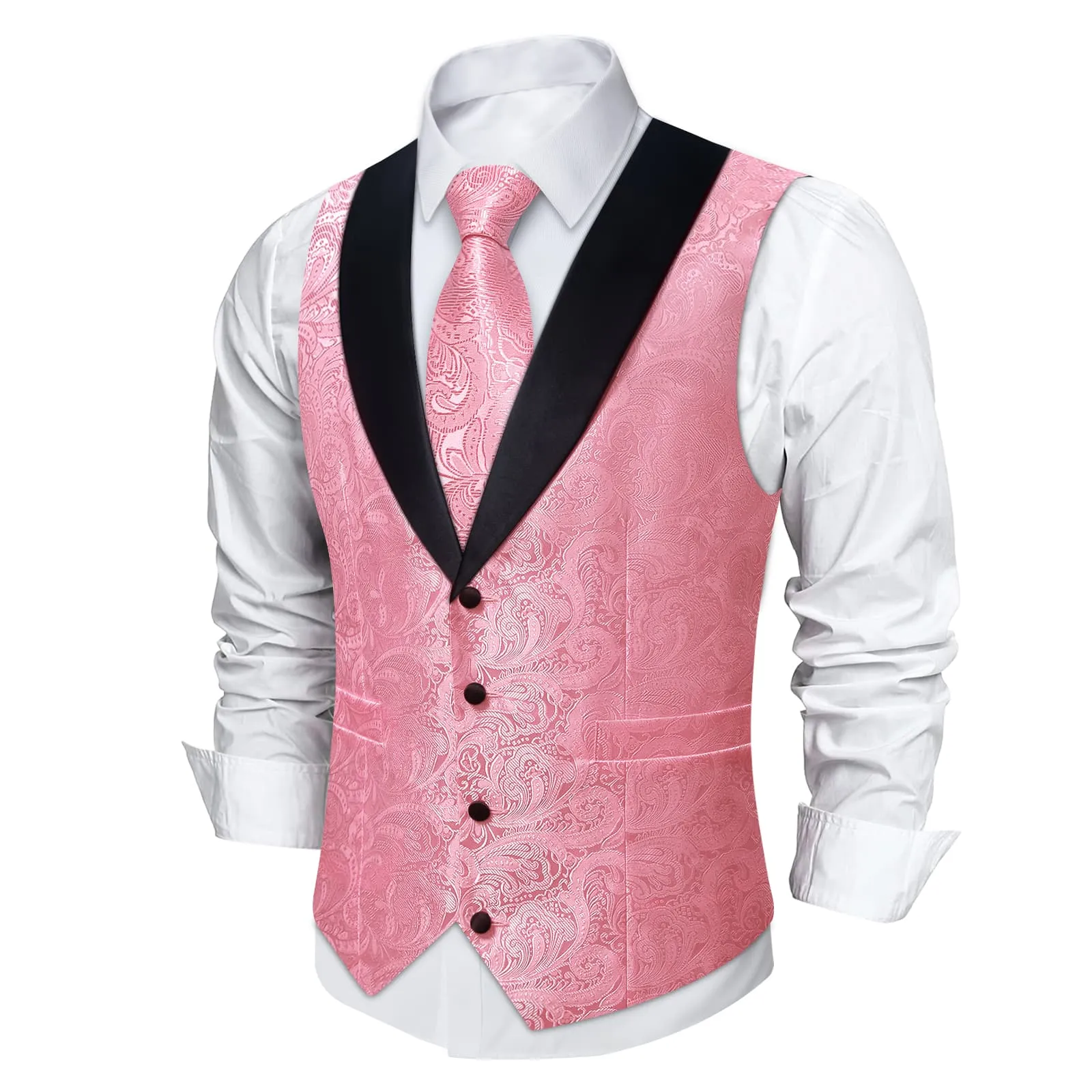 DiBanGu Rose Pink Floral Silk Shawl Collar Mens Dress Vest Tie Set