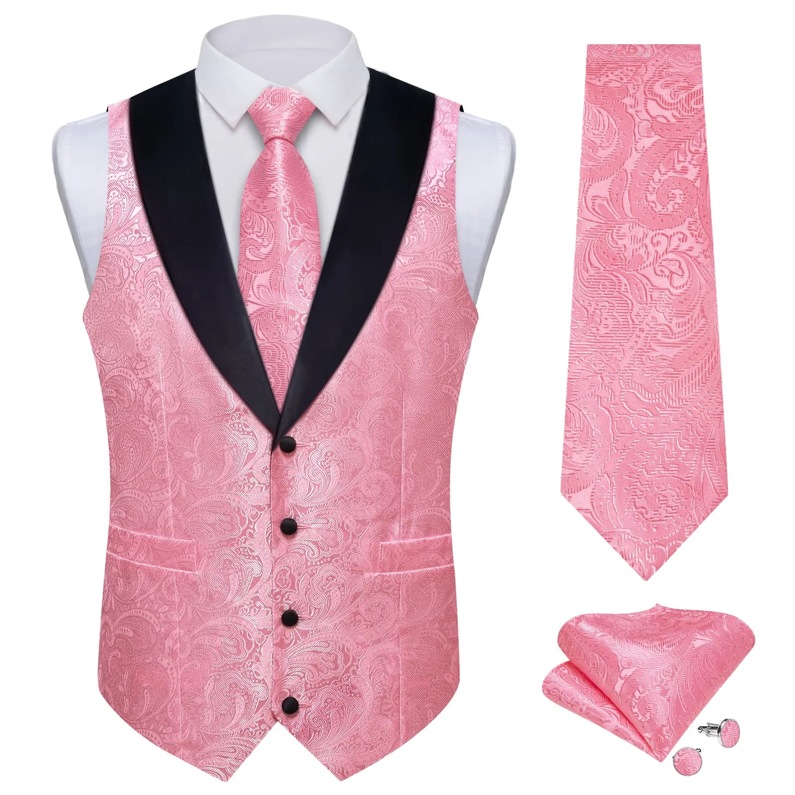 DiBanGu Rose Pink Floral Silk Shawl Collar Mens Dress Vest Tie Set