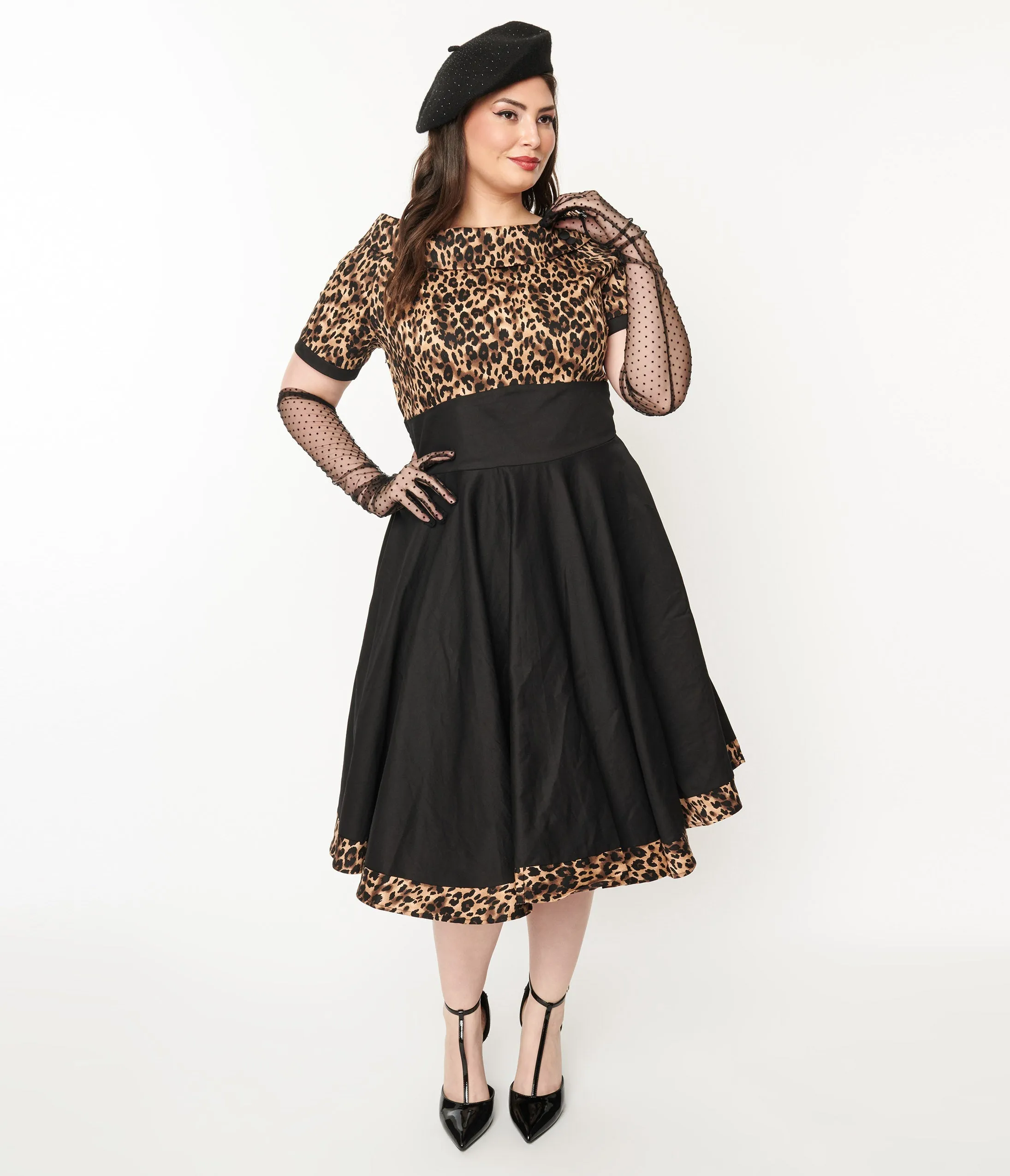 Dolly & Dotty Black & Leopard Print Darlene Swing Dress