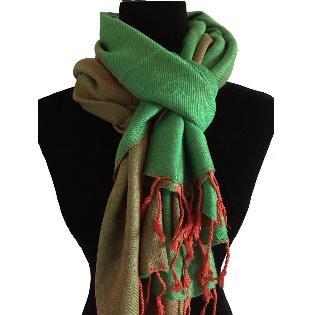 Double-faced Diagonal Shawl - Green & Salmon