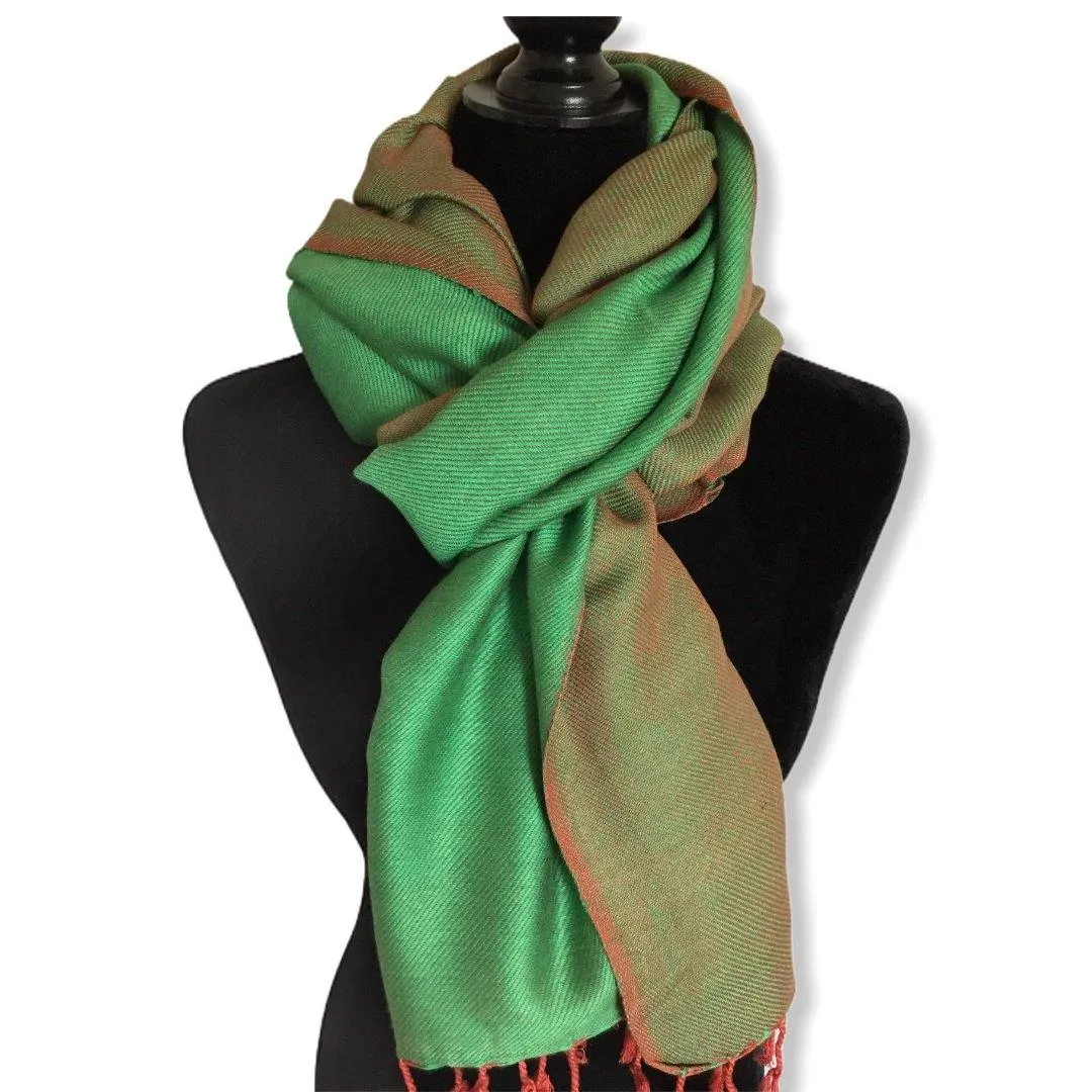 Double-faced Diagonal Shawl - Green & Salmon