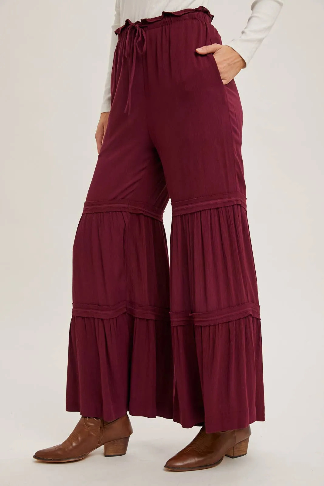 DRAWSTRING WAIST TIERED PALAZZO PANTS