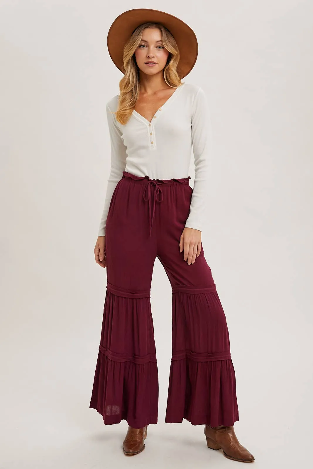 DRAWSTRING WAIST TIERED PALAZZO PANTS