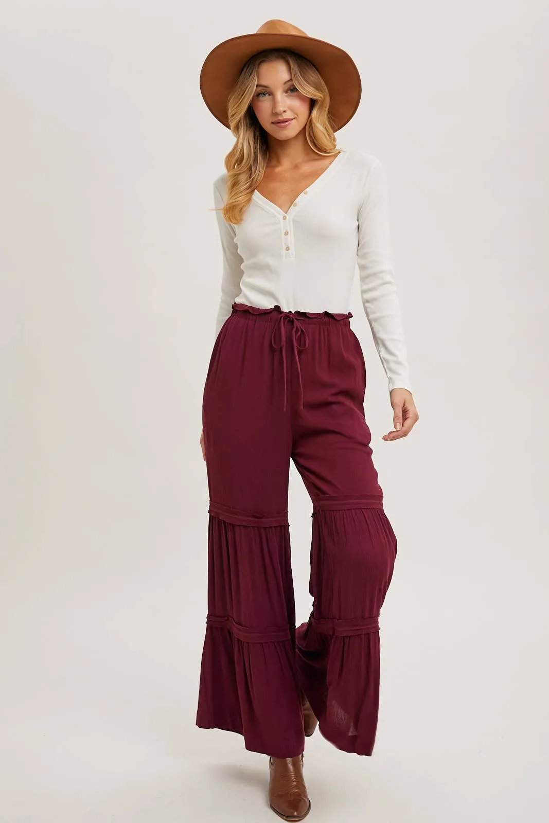 DRAWSTRING WAIST TIERED PALAZZO PANTS