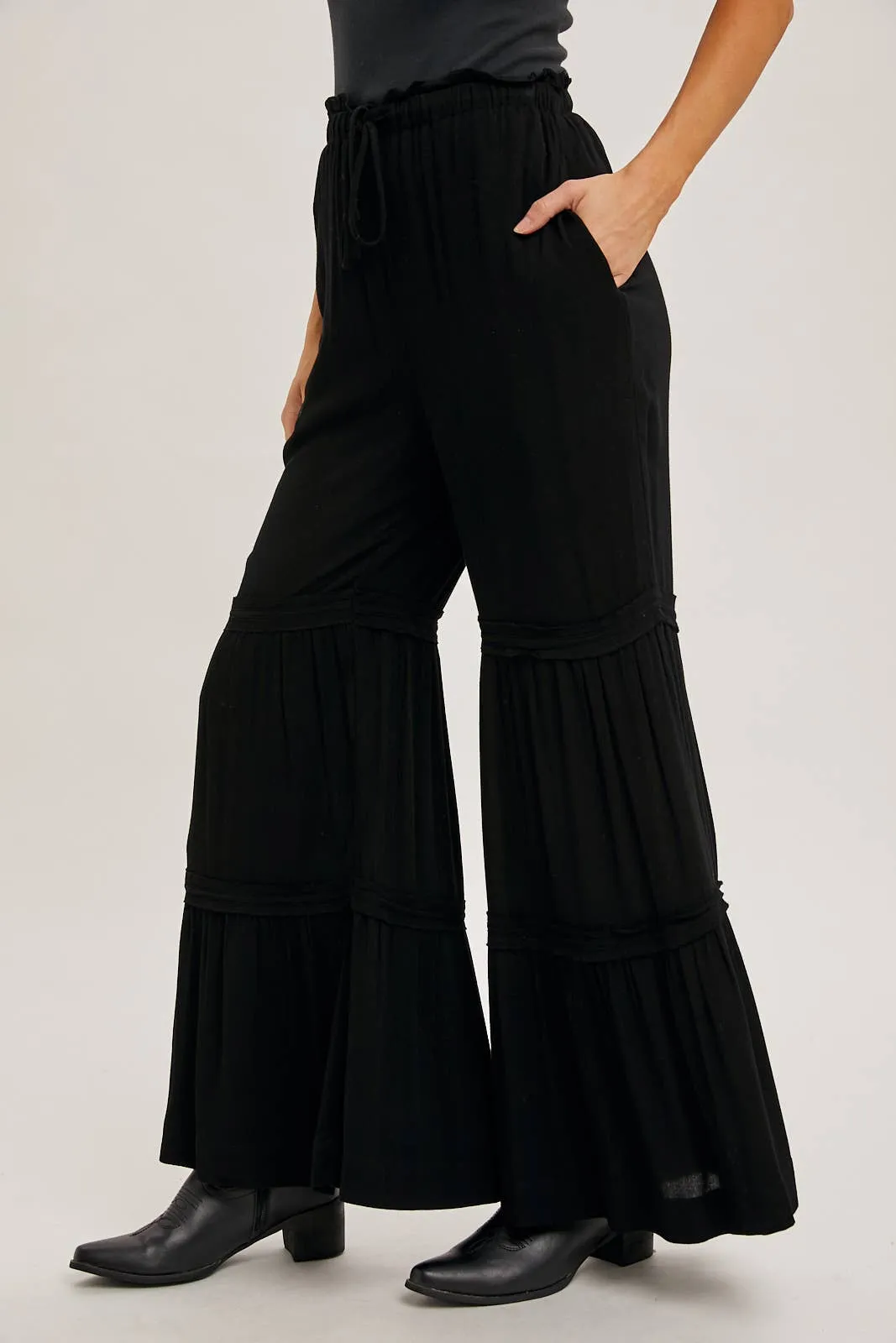 DRAWSTRING WAIST TIERED PALAZZO PANTS