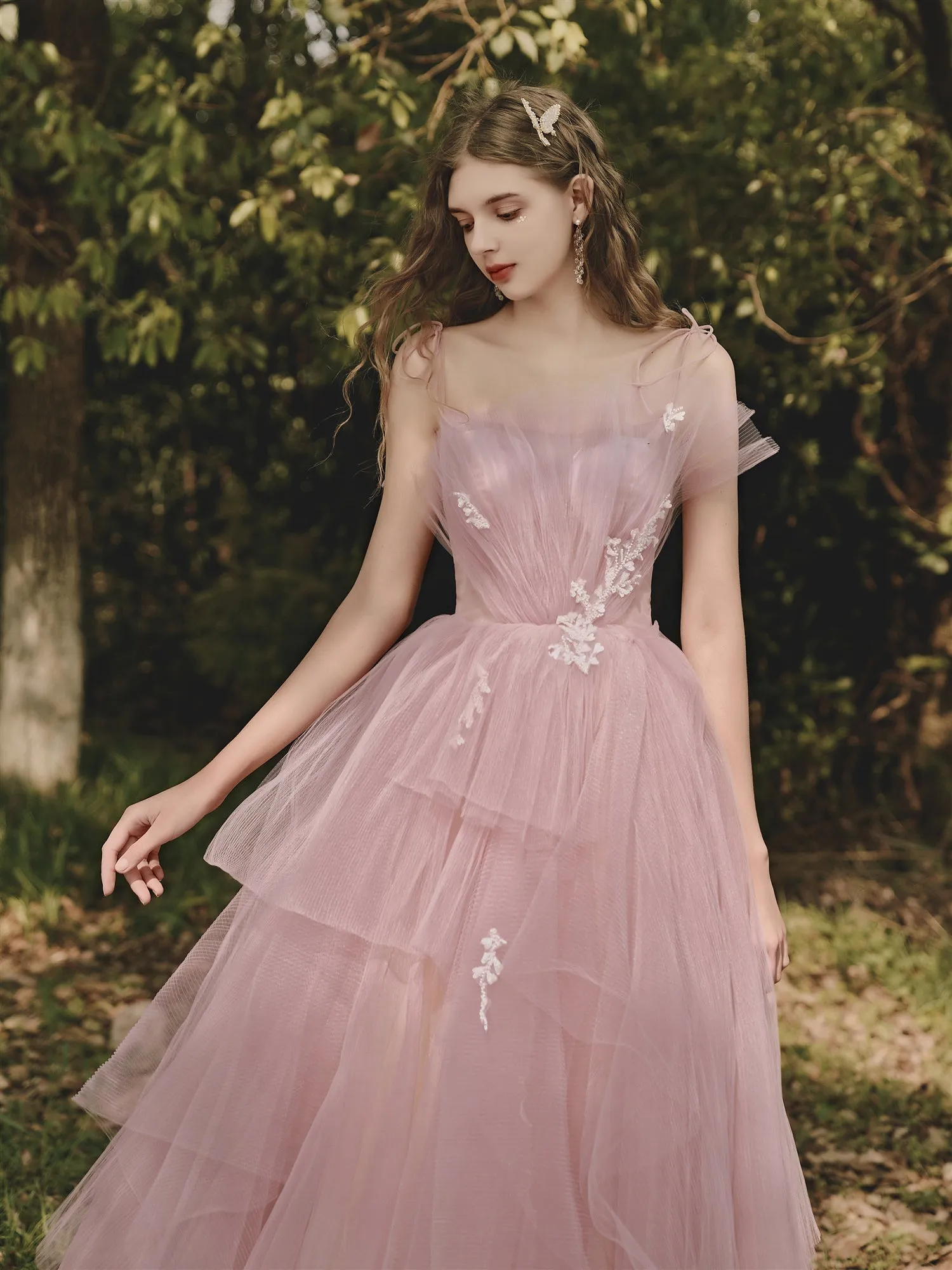 Dusty Rose Flowy Tulle Tiered Prom Dress