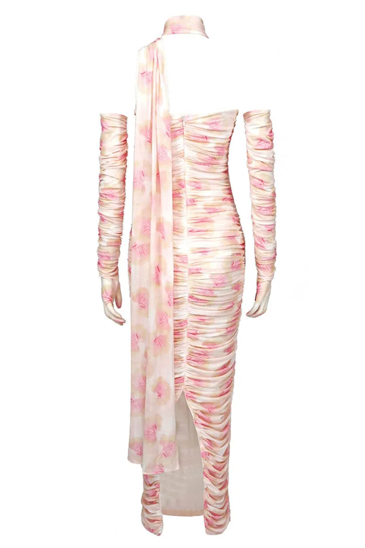 Elegant Glove Draped Halter Floral Mesh Ruched Formal Maxi Dress - Pink