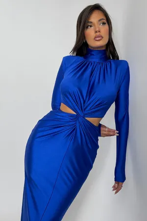 Elegant Rhinestone Twist Cutout Waist Long Sleeve Cocktail Midi Dress - Blue