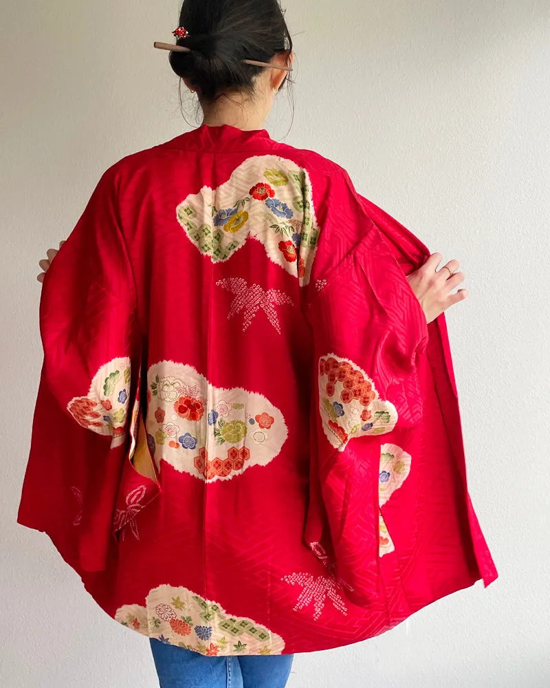 Embroidery of Japanese Traditional Pine Bamboo Plum Blossom, Shibori Haori Kimono Jacket