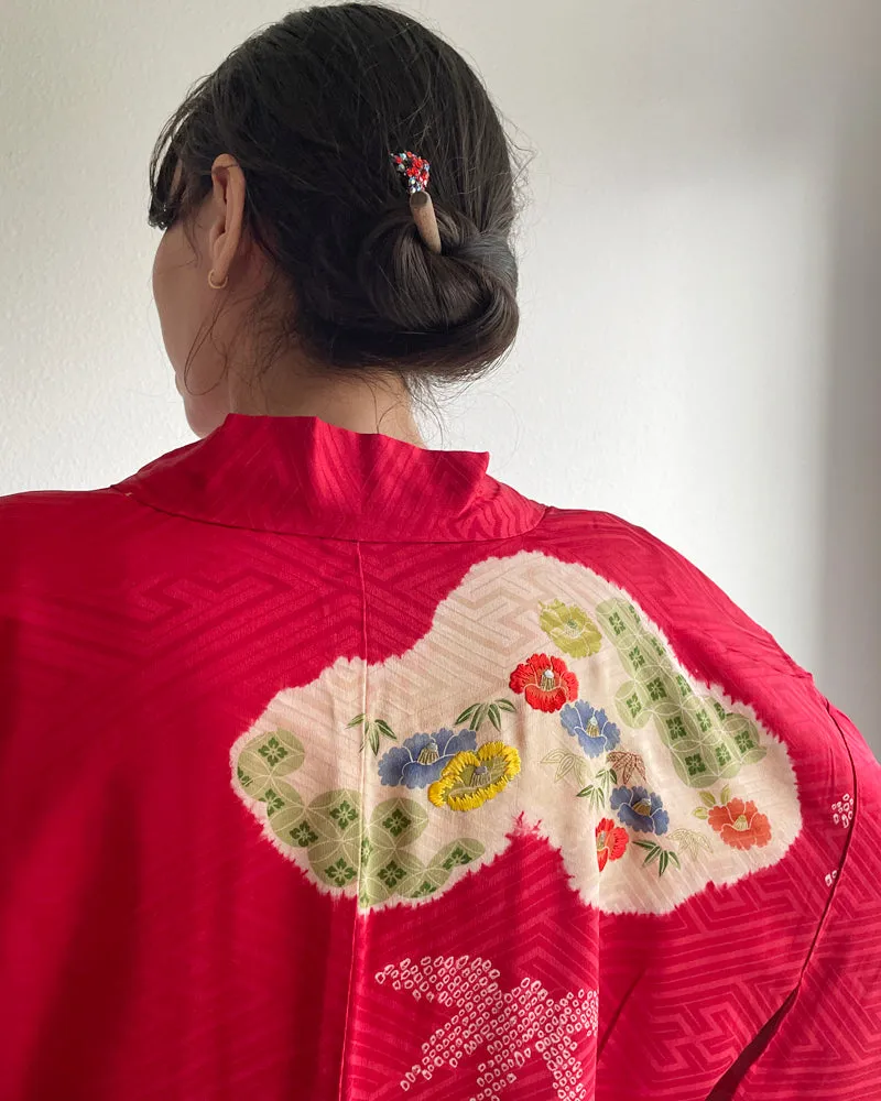 Embroidery of Japanese Traditional Pine Bamboo Plum Blossom, Shibori Haori Kimono Jacket