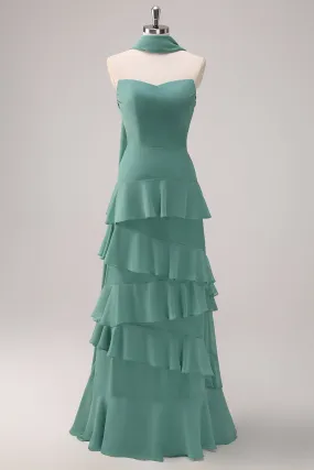 Eucalyptus Strapless Ruffled Maxi Dress with Ribbon