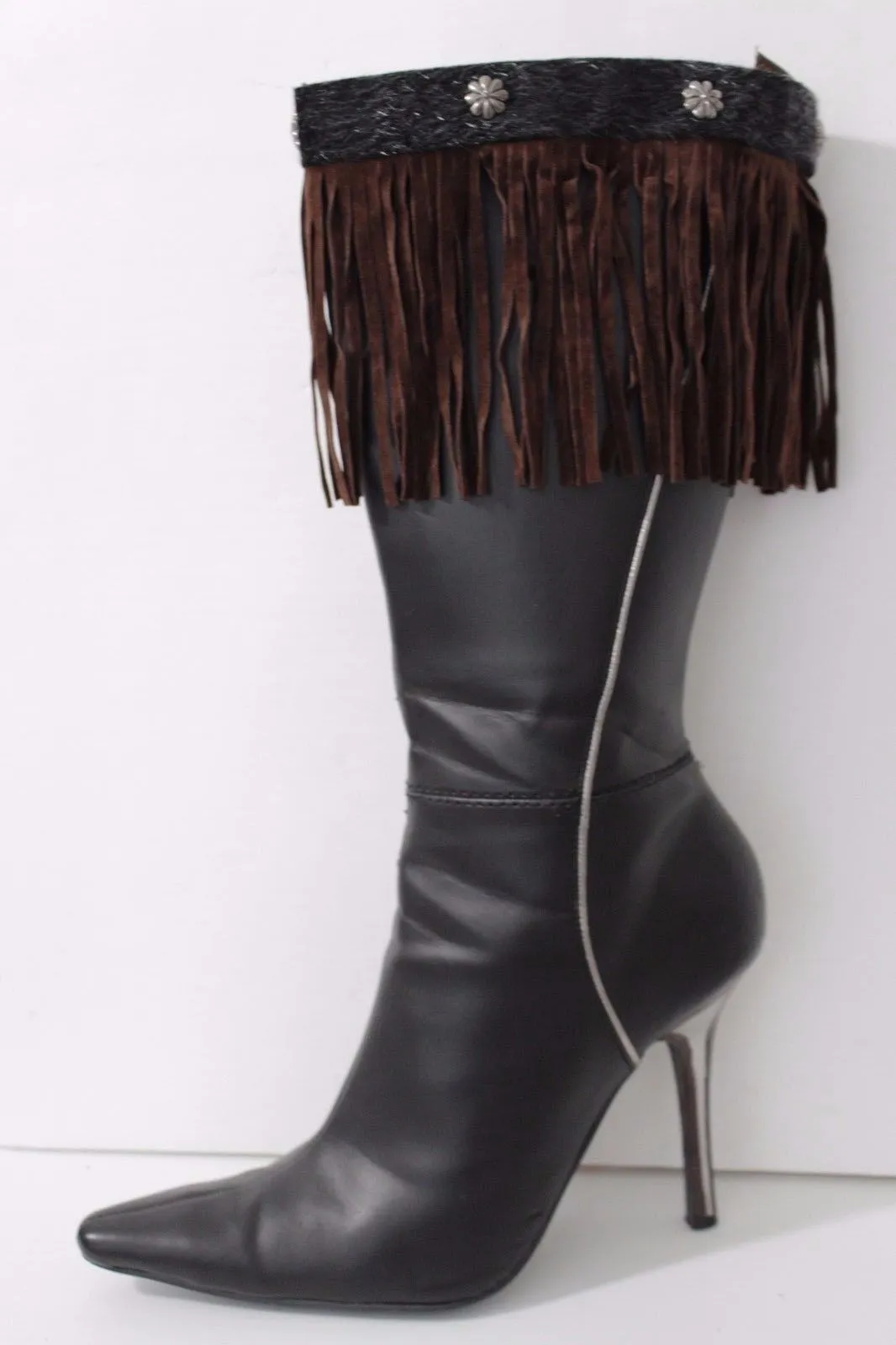 Fabric Long Faux Suede Leather Fringes Knee High Winter Boot Toppers