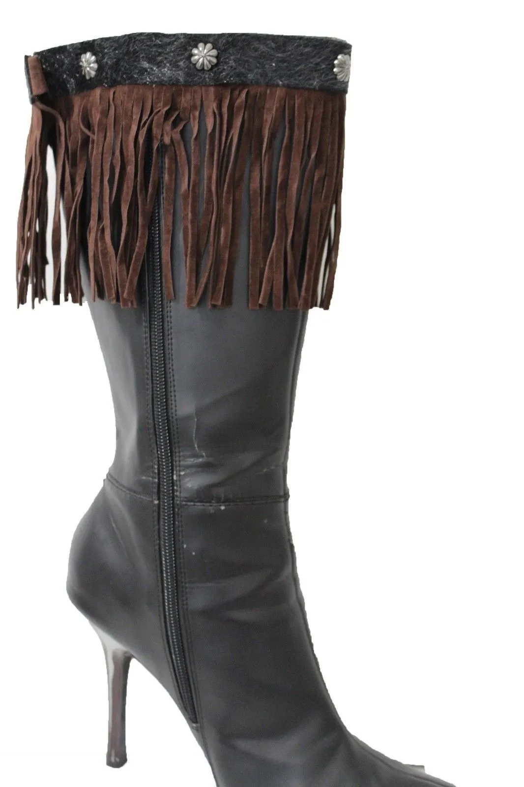 Fabric Long Faux Suede Leather Fringes Knee High Winter Boot Toppers