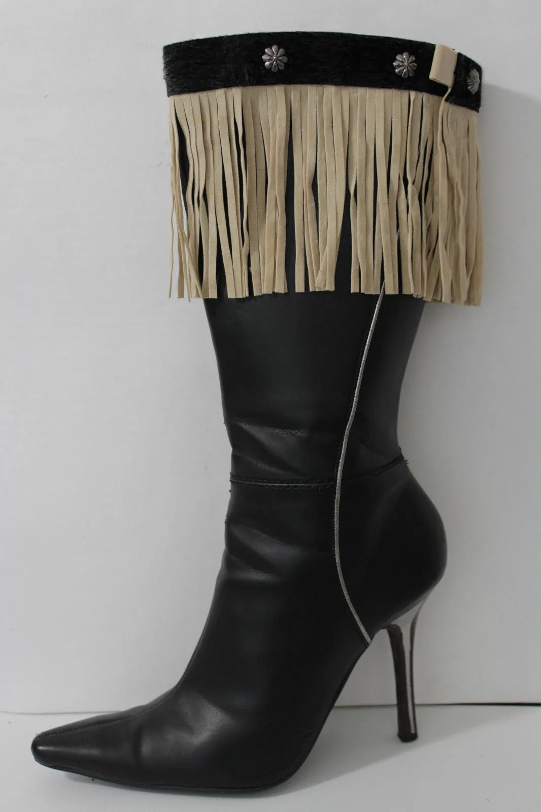 Fabric Long Faux Suede Leather Fringes Knee High Winter Boot Toppers