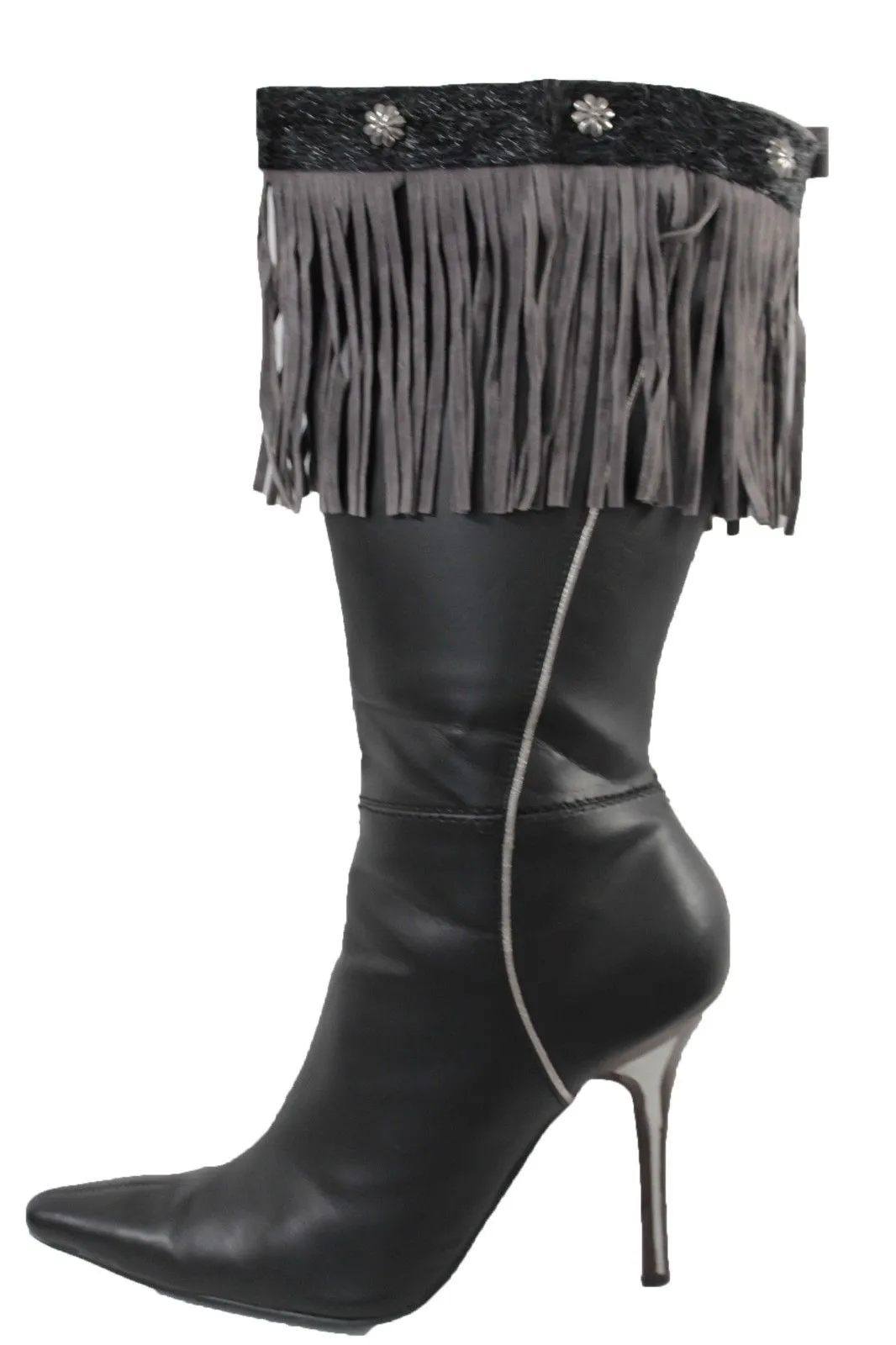 Fabric Long Faux Suede Leather Fringes Knee High Winter Boot Toppers