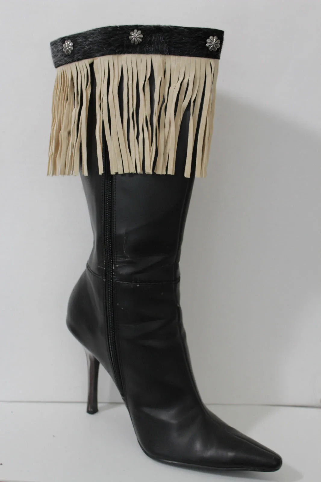 Fabric Long Faux Suede Leather Fringes Knee High Winter Boot Toppers