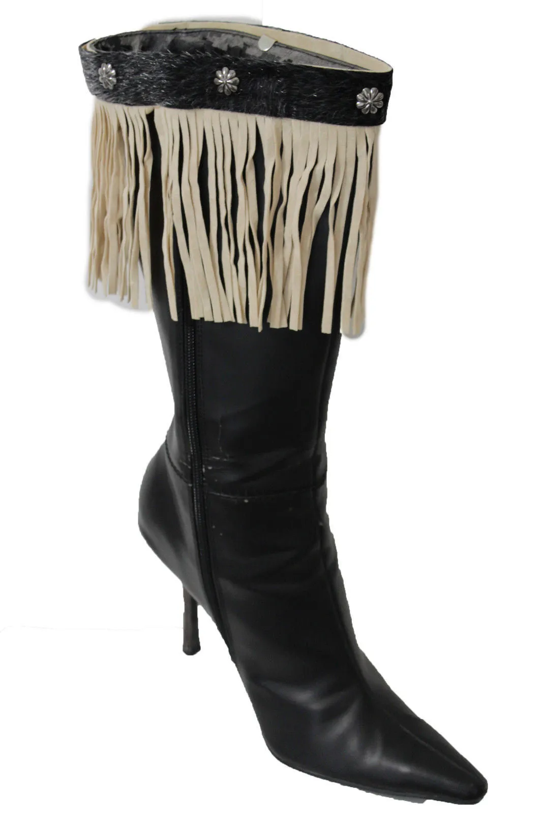 Fabric Long Faux Suede Leather Fringes Knee High Winter Boot Toppers