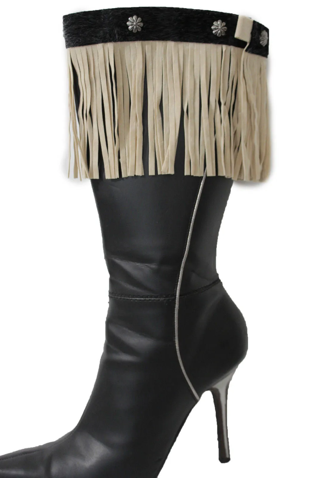 Fabric Long Faux Suede Leather Fringes Knee High Winter Boot Toppers