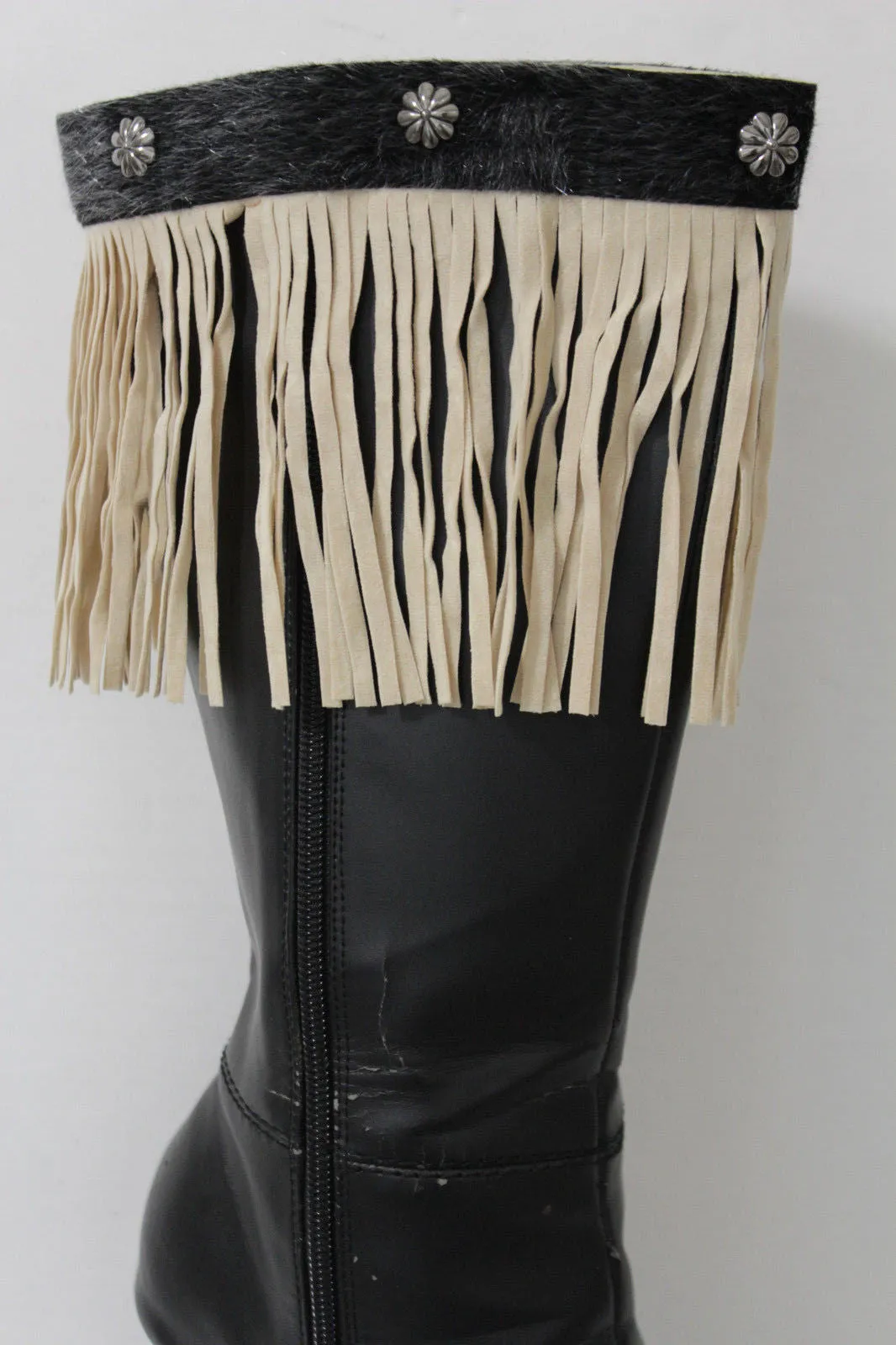 Fabric Long Faux Suede Leather Fringes Knee High Winter Boot Toppers