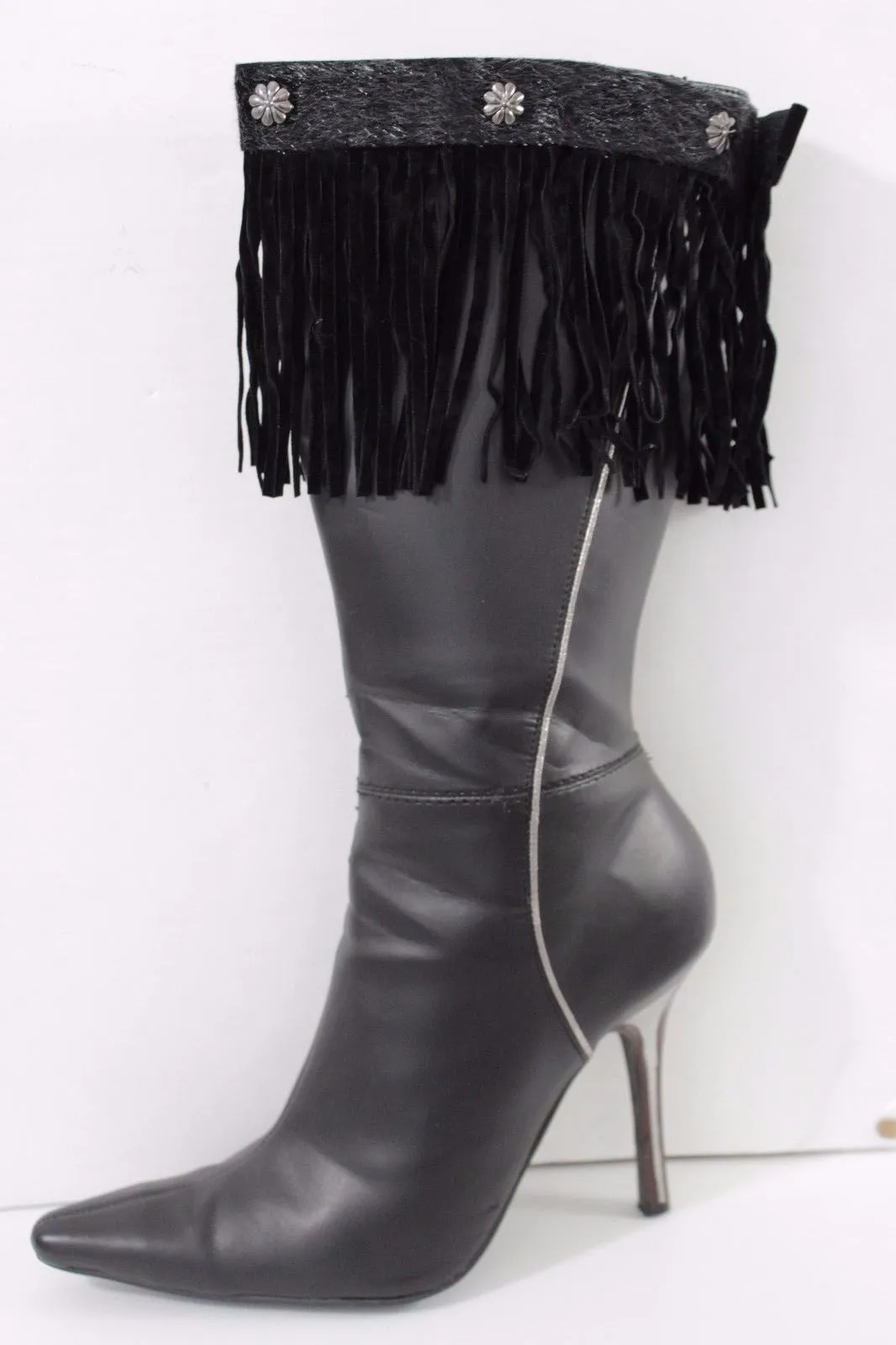 Fabric Long Faux Suede Leather Fringes Knee High Winter Boot Toppers