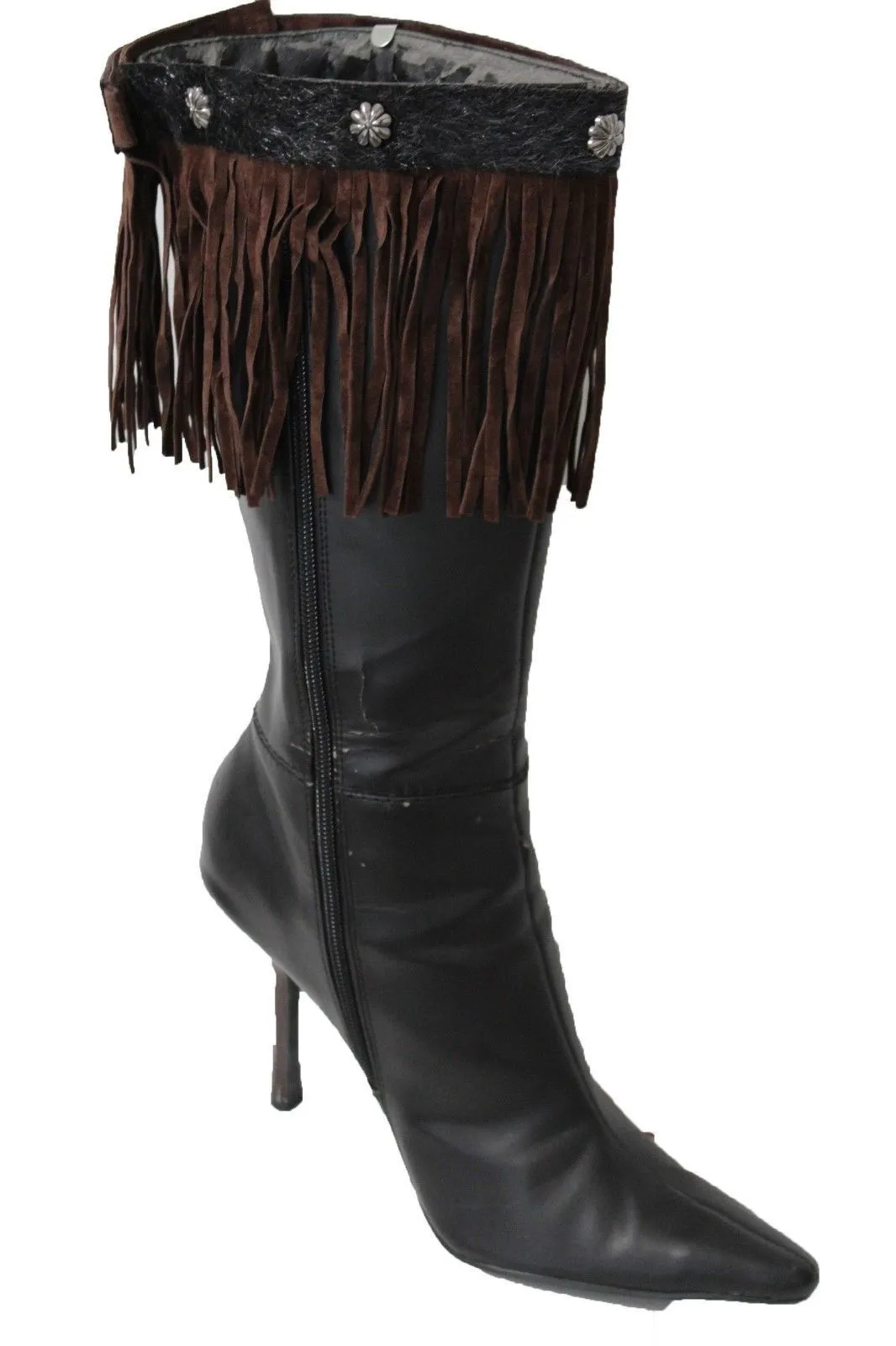 Fabric Long Faux Suede Leather Fringes Knee High Winter Boot Toppers