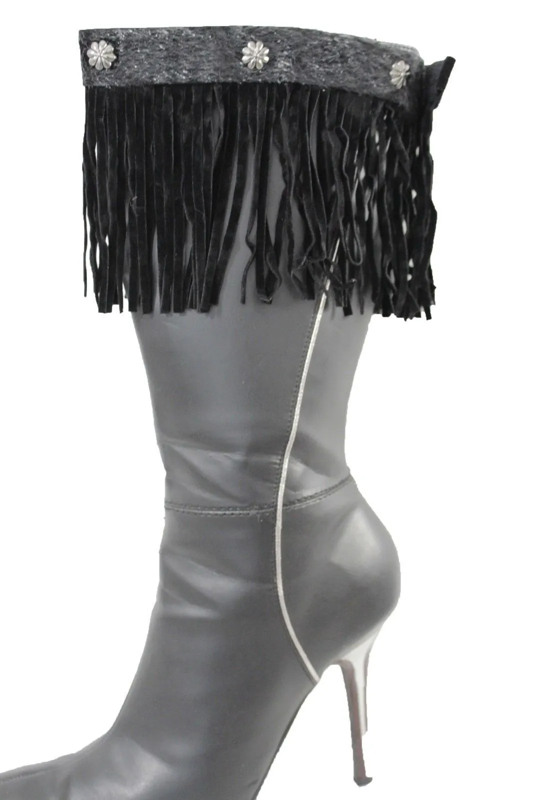 Fabric Long Faux Suede Leather Fringes Knee High Winter Boot Toppers