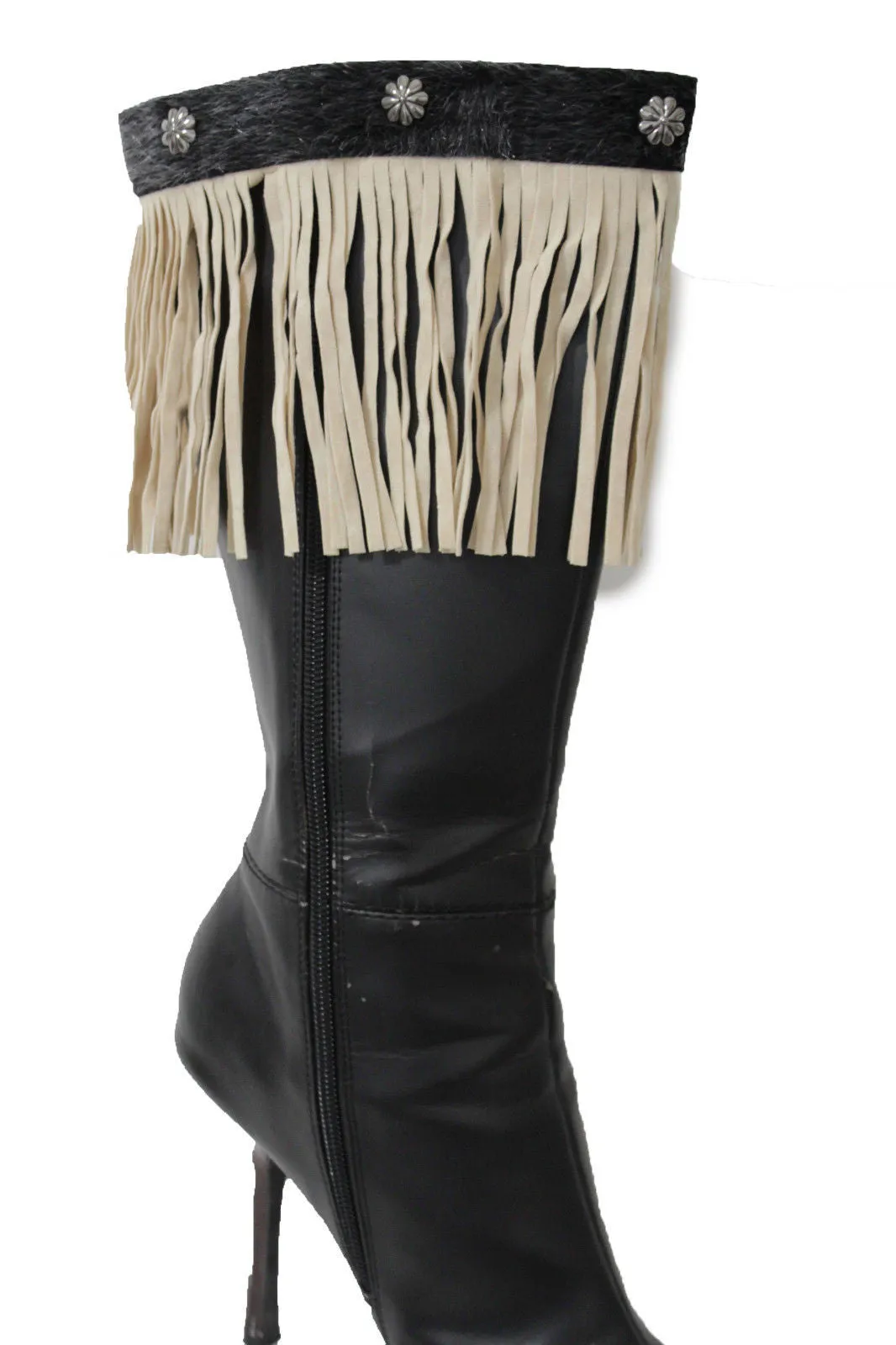 Fabric Long Faux Suede Leather Fringes Knee High Winter Boot Toppers