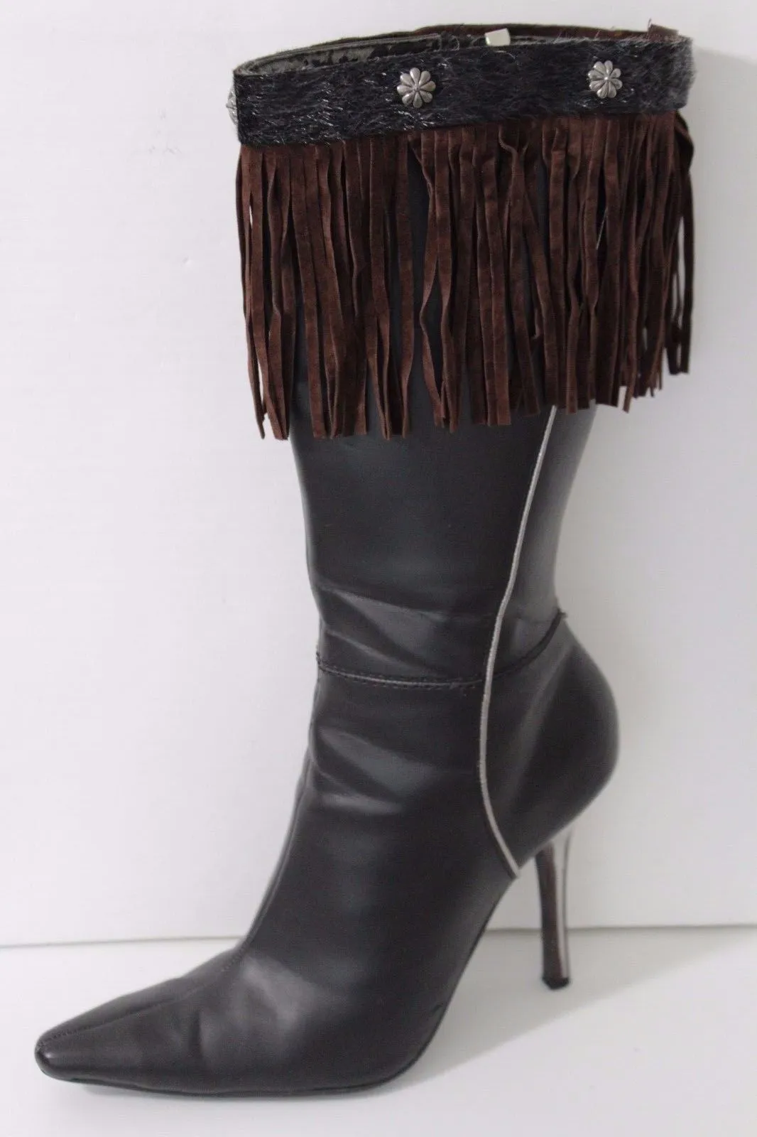 Fabric Long Faux Suede Leather Fringes Knee High Winter Boot Toppers