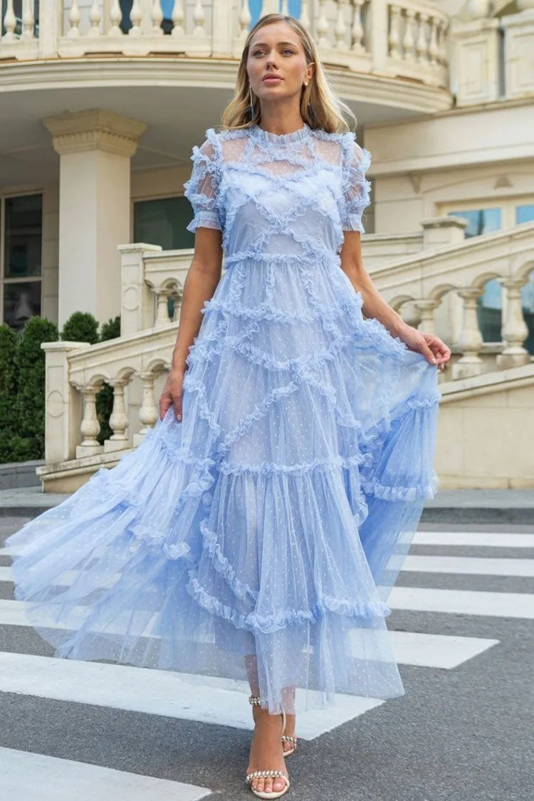 Fairytale Mock Neck Sleeved Dotted Tulle Tiered Ruffle Maxi Gown Dress - Blue