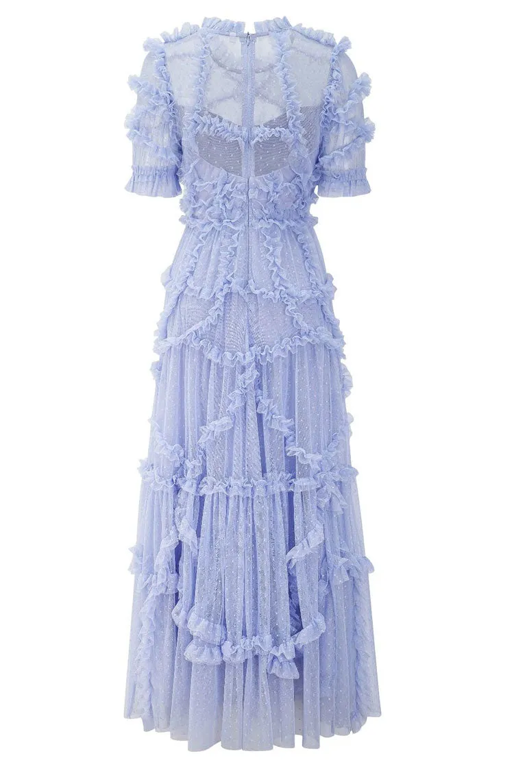 Fairytale Mock Neck Sleeved Dotted Tulle Tiered Ruffle Maxi Gown Dress - Blue