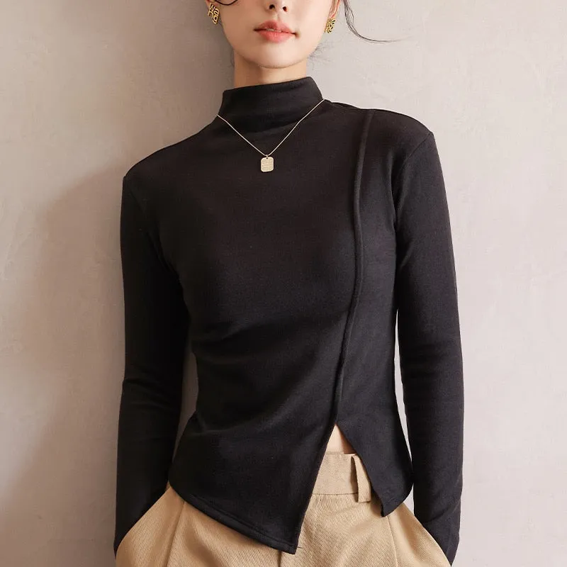 FashionKova Chic Elegant Women'S Long Sleeve Top Solid Turtleneck Open Side Autumn T-Shirts For Women All Match Basic Bottoming Shirt