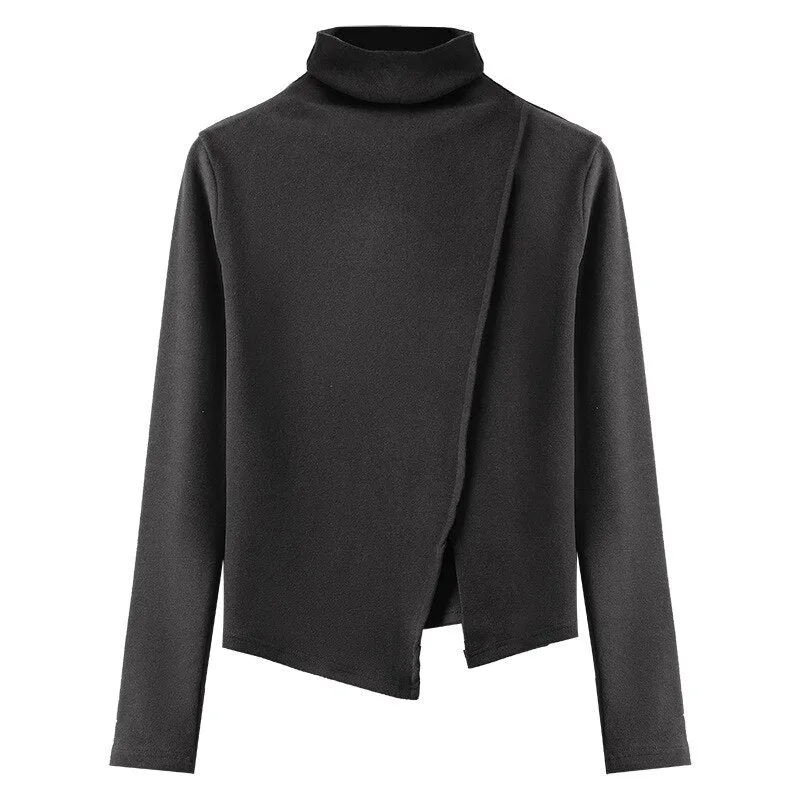 FashionKova Chic Elegant Women'S Long Sleeve Top Solid Turtleneck Open Side Autumn T-Shirts For Women All Match Basic Bottoming Shirt