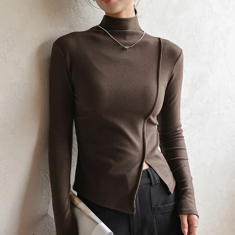 FashionKova Chic Elegant Women'S Long Sleeve Top Solid Turtleneck Open Side Autumn T-Shirts For Women All Match Basic Bottoming Shirt