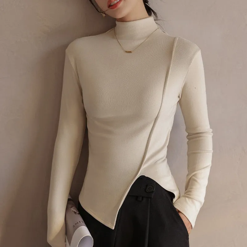 FashionKova Chic Elegant Women'S Long Sleeve Top Solid Turtleneck Open Side Autumn T-Shirts For Women All Match Basic Bottoming Shirt