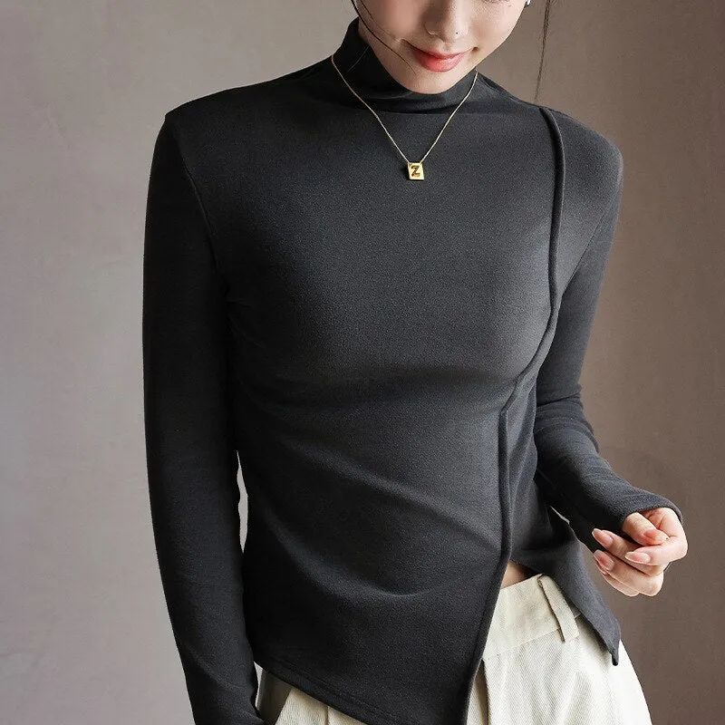 FashionKova Chic Elegant Women'S Long Sleeve Top Solid Turtleneck Open Side Autumn T-Shirts For Women All Match Basic Bottoming Shirt