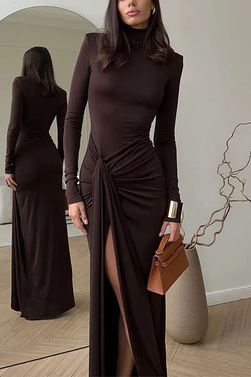 Febedress Turtleneck Ruched High Slit Maxi Party Dress