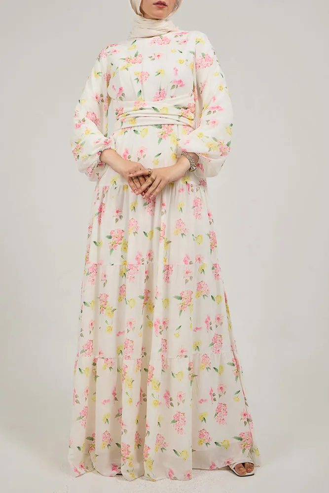 Fenara Floral Harmony Chiffon Maxi Dress with Enchanted Sleeves and Waist Tie